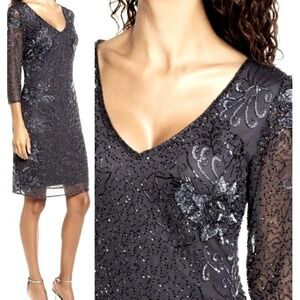 PISARRO NIGHTS Womens Medium Black Embellished Beaded Cocktail Midi Dress Formal